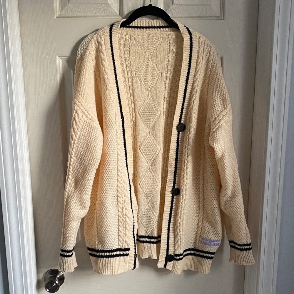 Cream Knit Cardigan with Black Trim